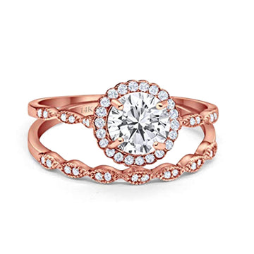 14K Rose Gold Two Piece Round Wedding Ring Bridal Set Band Engagement Simulated CZ Size-7